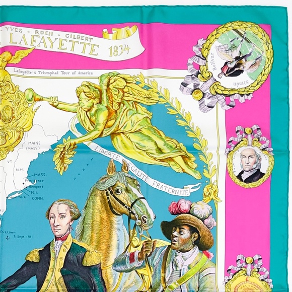 Collectible NWT Hermes Scarf Carré 90 "Marquis de Lafayette" in Turquoise/Pink - Picture 9 of 11